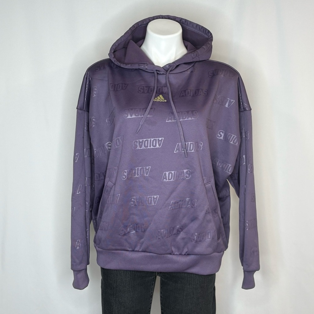 Adidas Women’s Small Purple Logo Print Hoodie, 100% Recycled Polyester, EUC